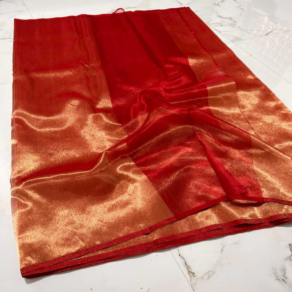 Chanderi Half Tissue Red Golden Zari