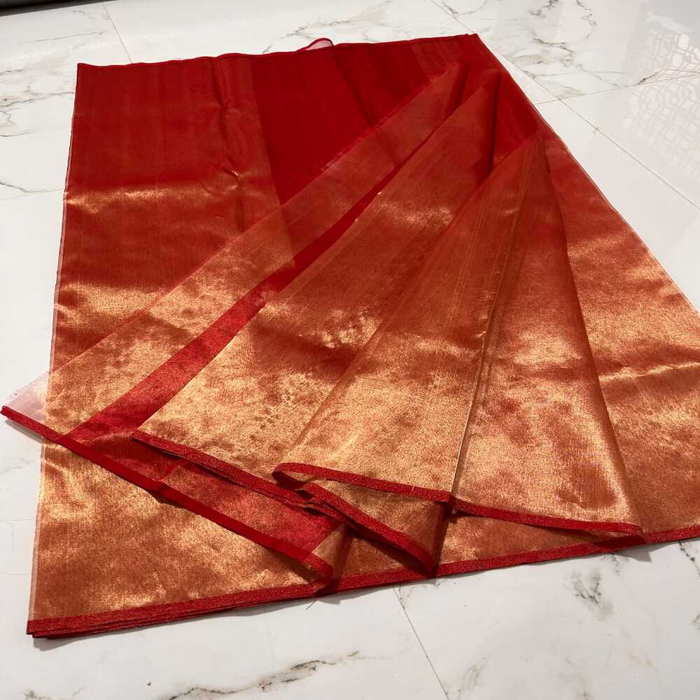 Chanderi Half Tissue Red Golden Zari