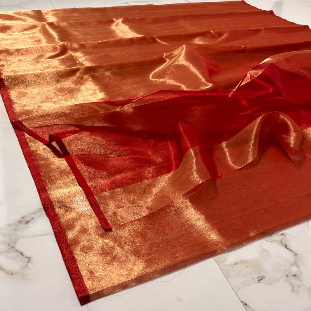 Chanderi Half Tissue Red Golden Zari