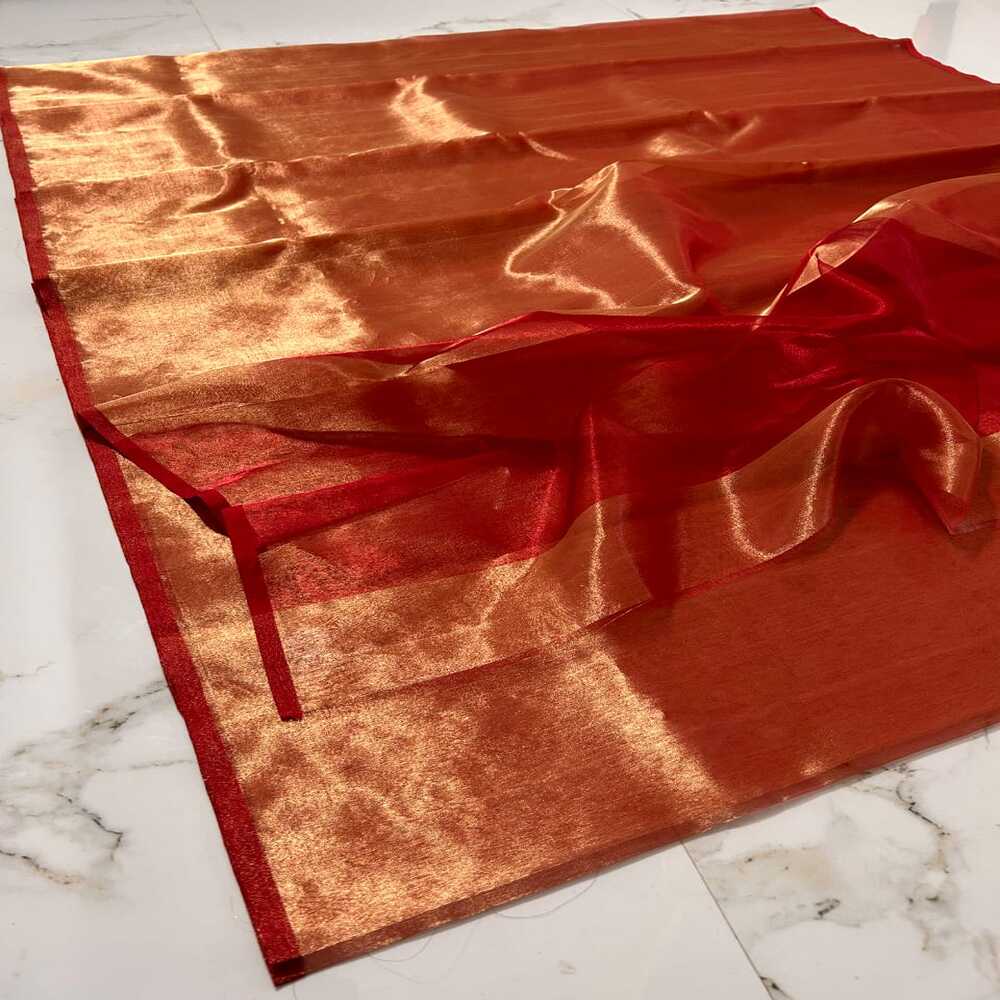 Chanderi Half Tissue Red Golden Zari