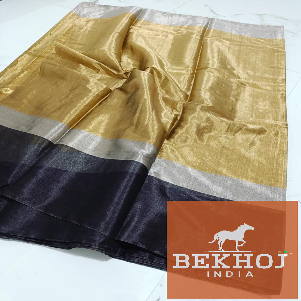 Exclusive Golden Silver Black Chanderi Full Tissue Zari Silk