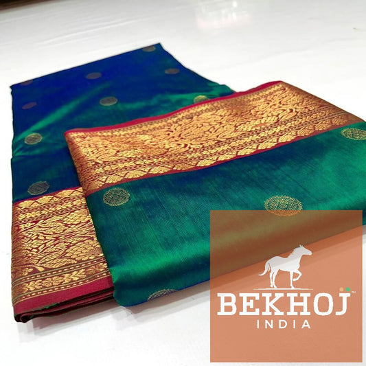Handwoven Design Chanderi Peacock Blue Pattu Silk Saree