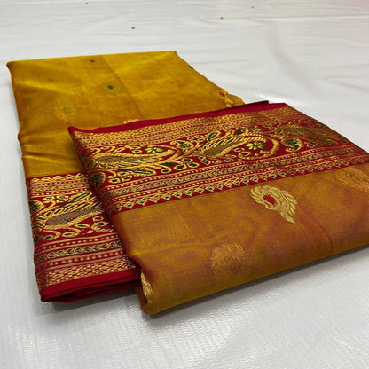 Handwoven Chanderi Katan Silk with beatiful Nakshi Border